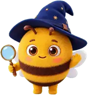 The BugWiz mascot: a bumblebee in a starry wizard hat, holding a magnifying glass